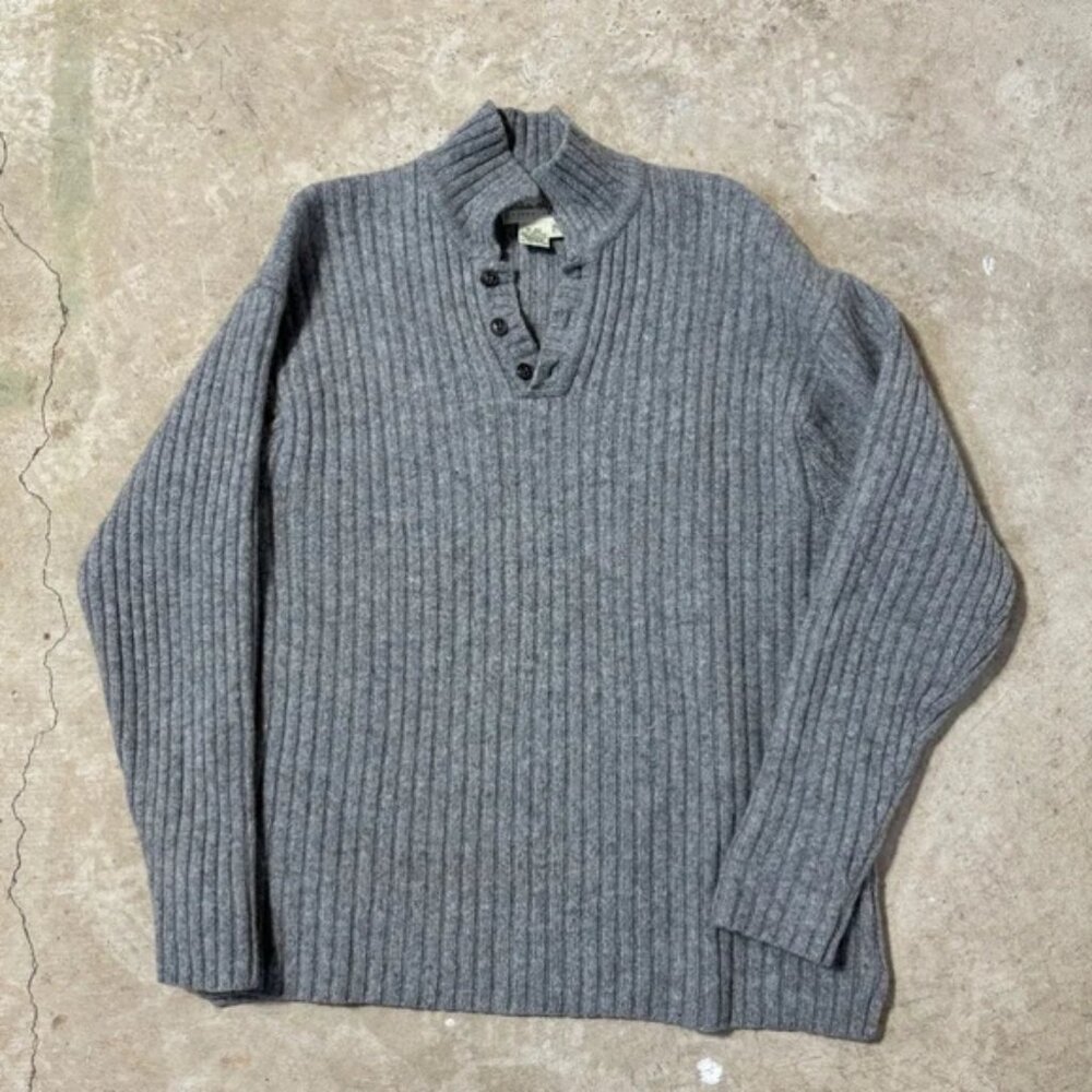 Eddie Bauer Pullover Sweater Men’s XL Gray Wool Henley Collar Fisherman